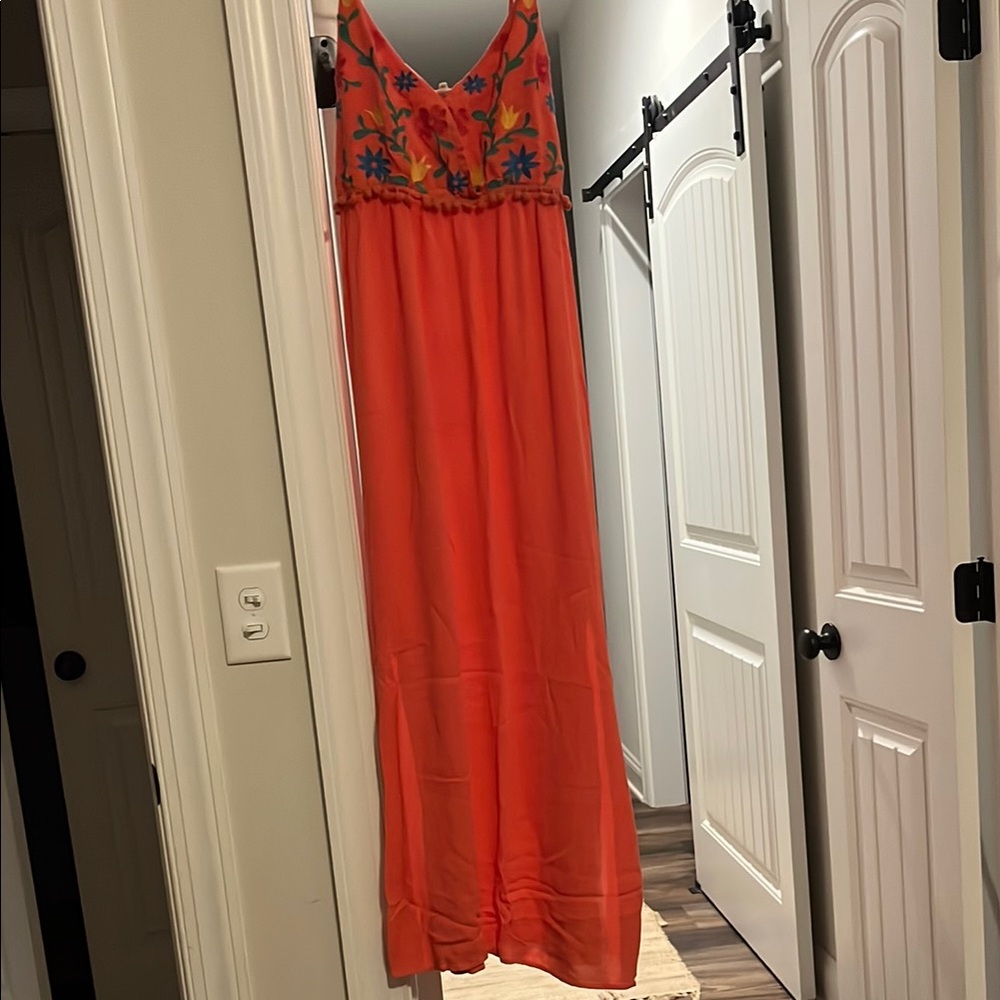 Peachy pink Maxi Dress with Floral Embroidery